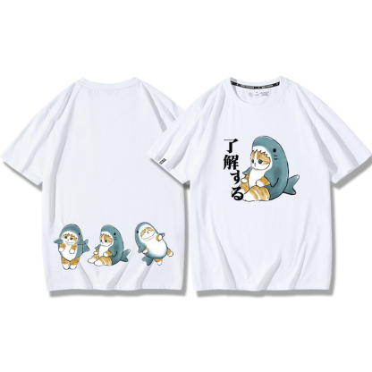 貓咪鯊魚呆萌可愛2024親子情侶男女同款 純棉T恤