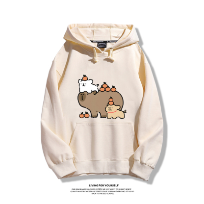 萌系卡皮巴拉x線條小狗2023秋冬新款親子情侶裝薄絨款連帽衛衣