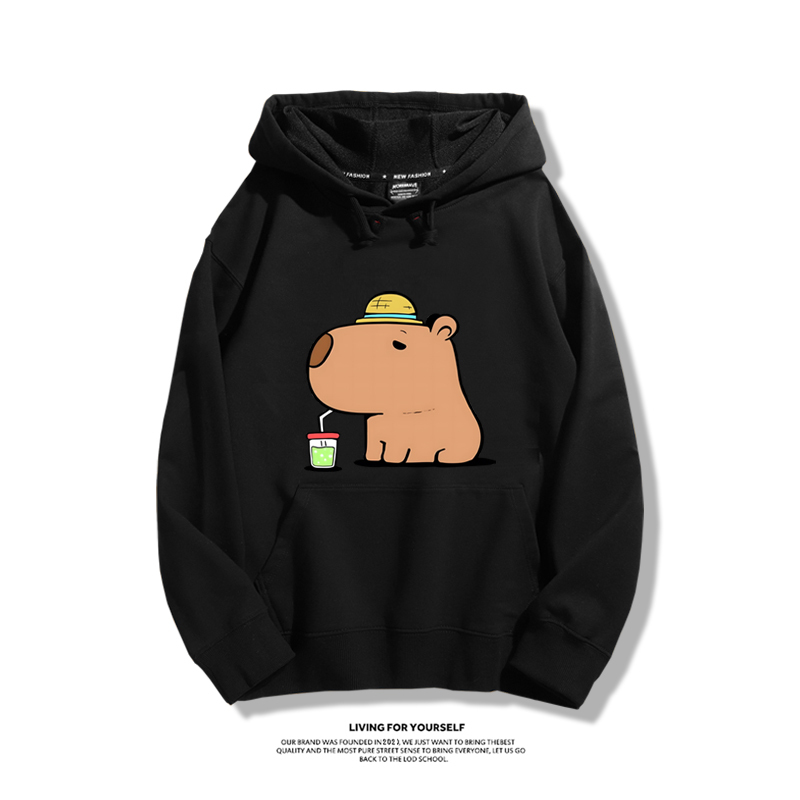 卡皮巴拉可愛水豚君2023秋冬新款親子情侶裝薄絨款連帽衛衣