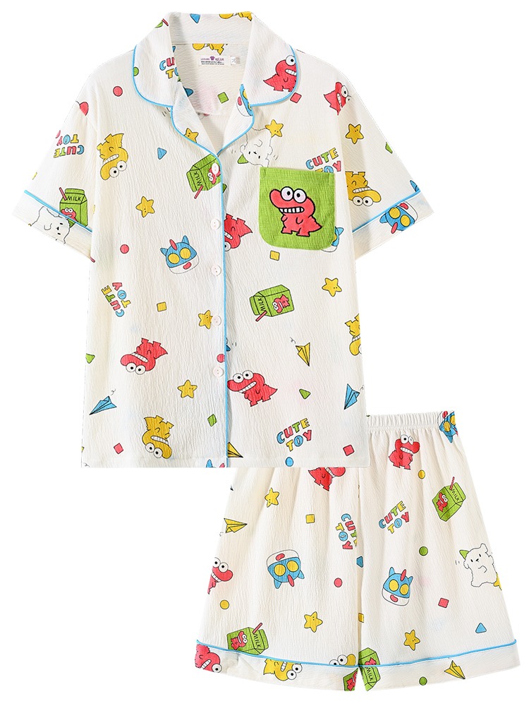 日系可愛小新睡衣女夏季短袖卡通純棉紗布情侶男士家居服棉紗