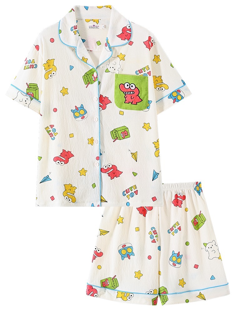 日系可愛小新睡衣女夏季短袖卡通純棉紗布情侶男士家居服棉紗