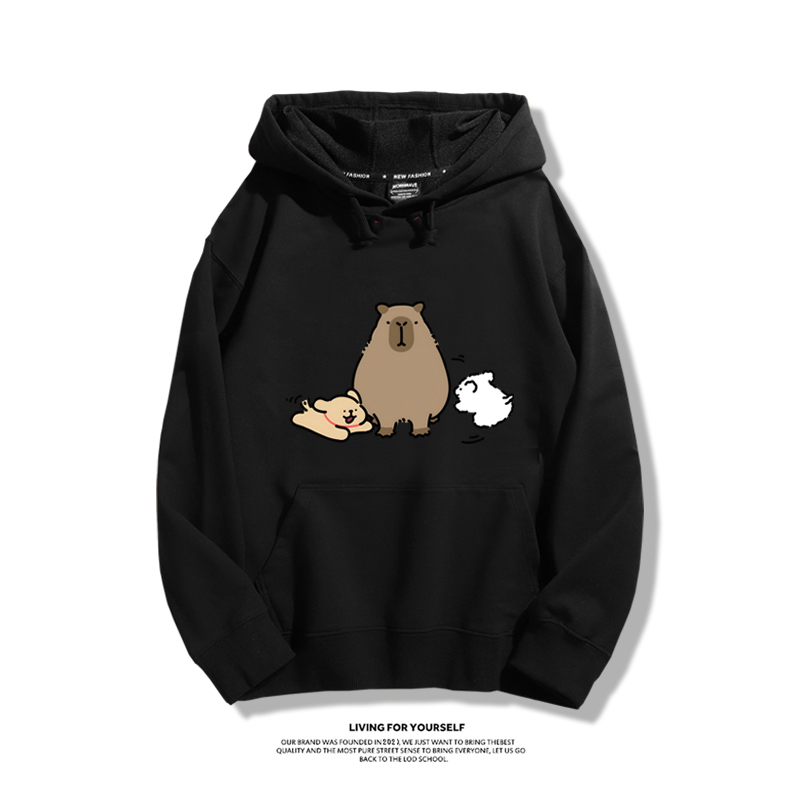 萌系卡皮巴拉x線條小狗2023秋冬新款親子情侶裝薄絨款連帽衛衣