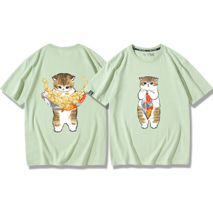 貓咪鯊魚呆萌可愛2024親子情侶男女同款 純棉T恤