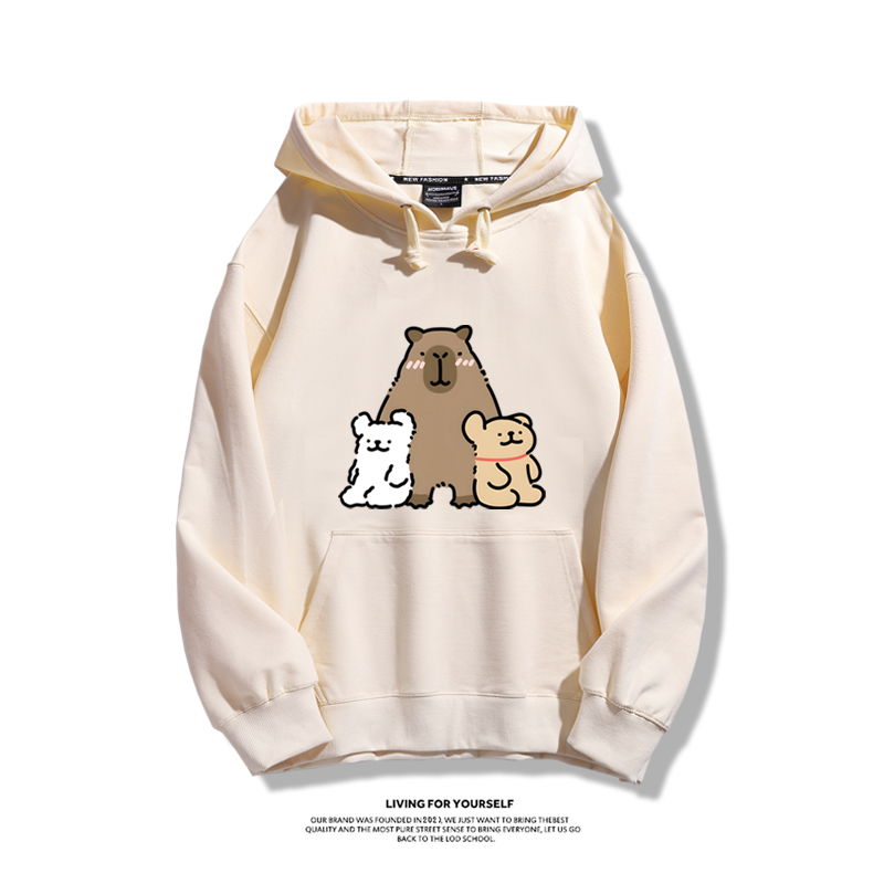 萌系卡皮巴拉x線條小狗2023秋冬新款親子情侶裝薄絨款連帽衛衣
