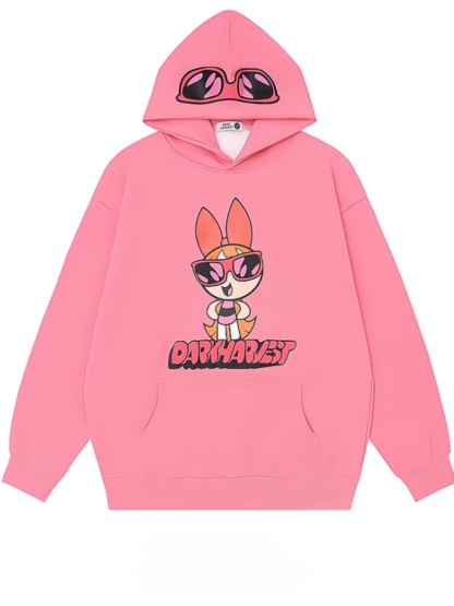 飛天小女警聯名衛衣2024秋冬新款親子情侶裝薄絨款連帽衛衣