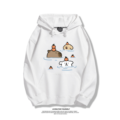 萌系卡皮巴拉x線條小狗2023秋冬新款親子情侶裝薄絨款連帽衛衣