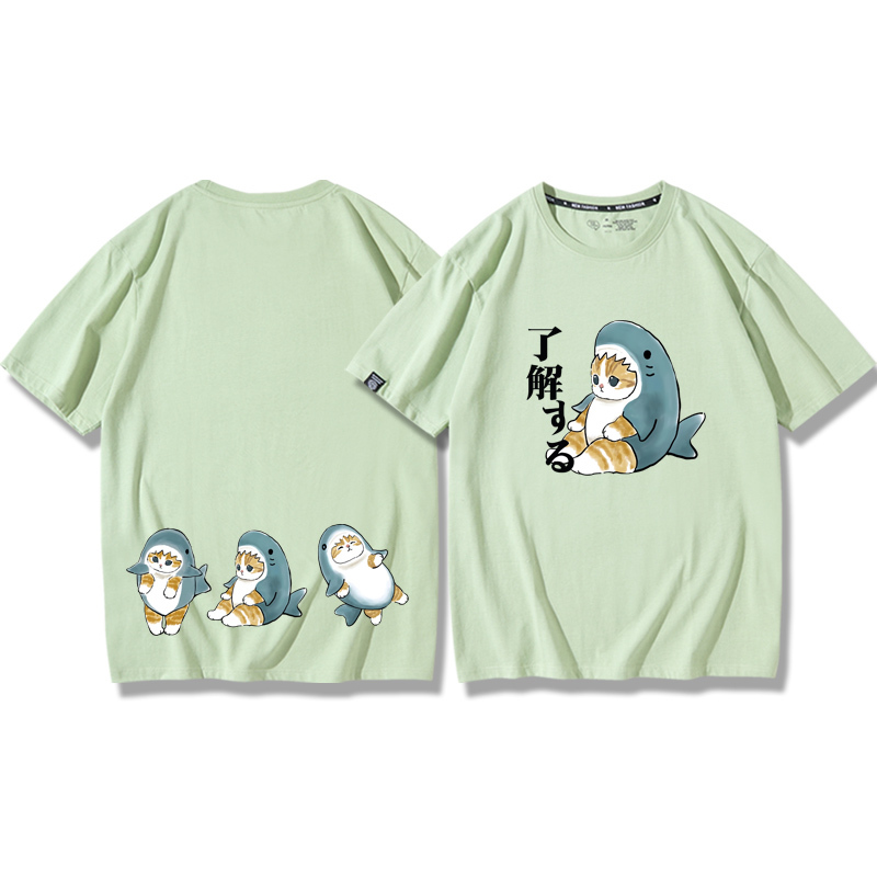 貓咪鯊魚呆萌可愛2024親子情侶男女同款 純棉T恤
