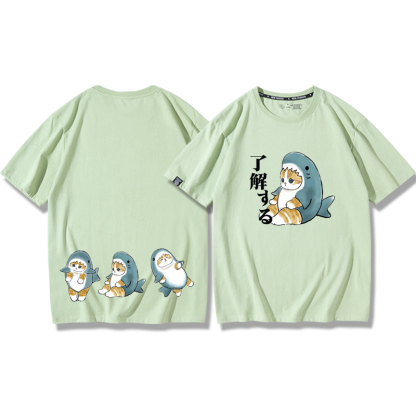 貓咪鯊魚呆萌可愛2024親子情侶男女同款 純棉T恤
