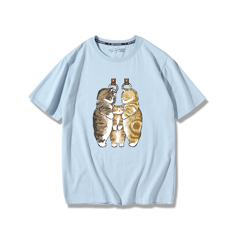 擠地鐵貓咪2024親子情侶男女同款 純棉T恤