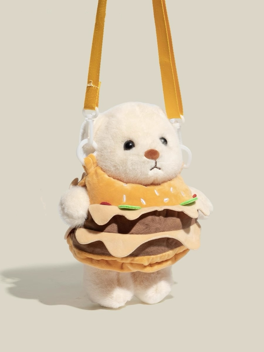 原創可愛小熊漢堡包2024新款秋冬變裝毛絨玩偶斜挎包