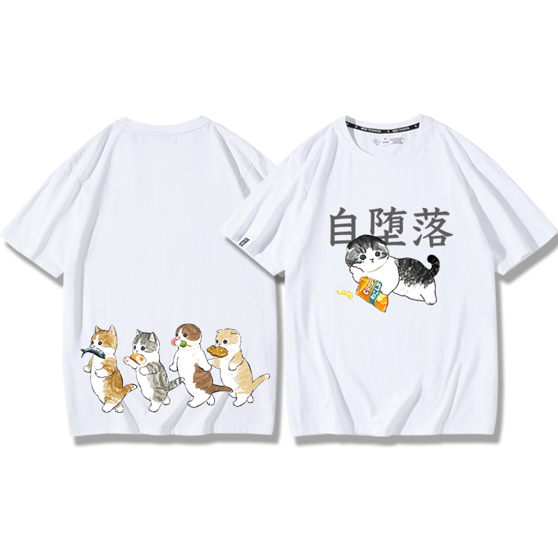 貓咪鯊魚呆萌可愛2024親子情侶男女同款 純棉T恤