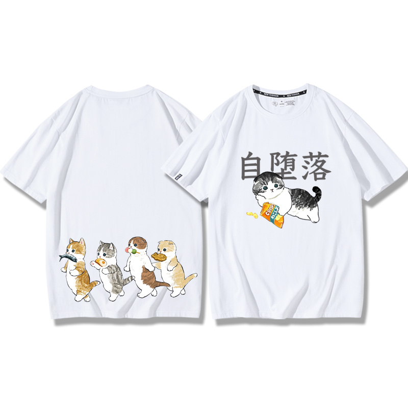 貓咪鯊魚呆萌可愛2024親子情侶男女同款 純棉T恤