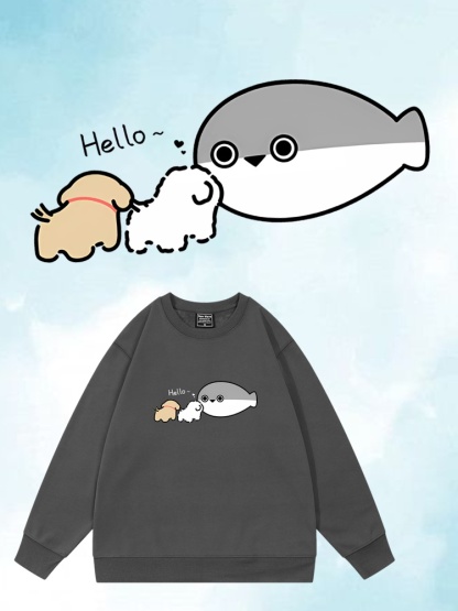 線條小狗X薩卡班聯名衛衣2024秋冬新款親子情侶裝薄絨款連帽衛衣