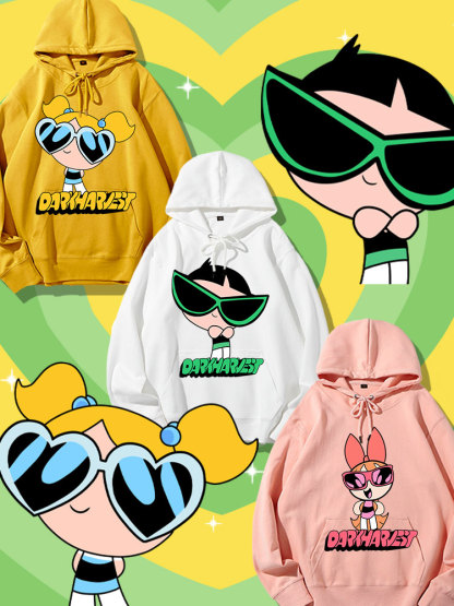 飛天小女警聯名衛衣2024秋冬新款親子情侶裝薄絨款連帽衛衣