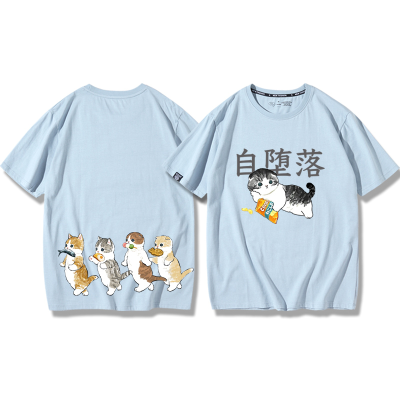 貓咪鯊魚呆萌可愛2024親子情侶男女同款 純棉T恤