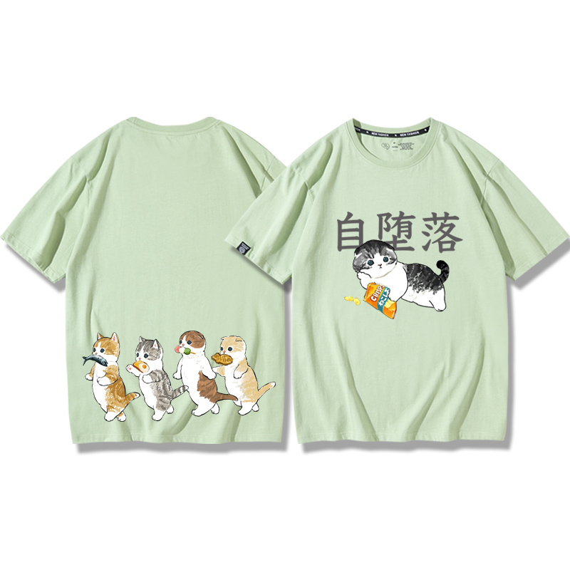 貓咪鯊魚呆萌可愛2024親子情侶男女同款 純棉T恤