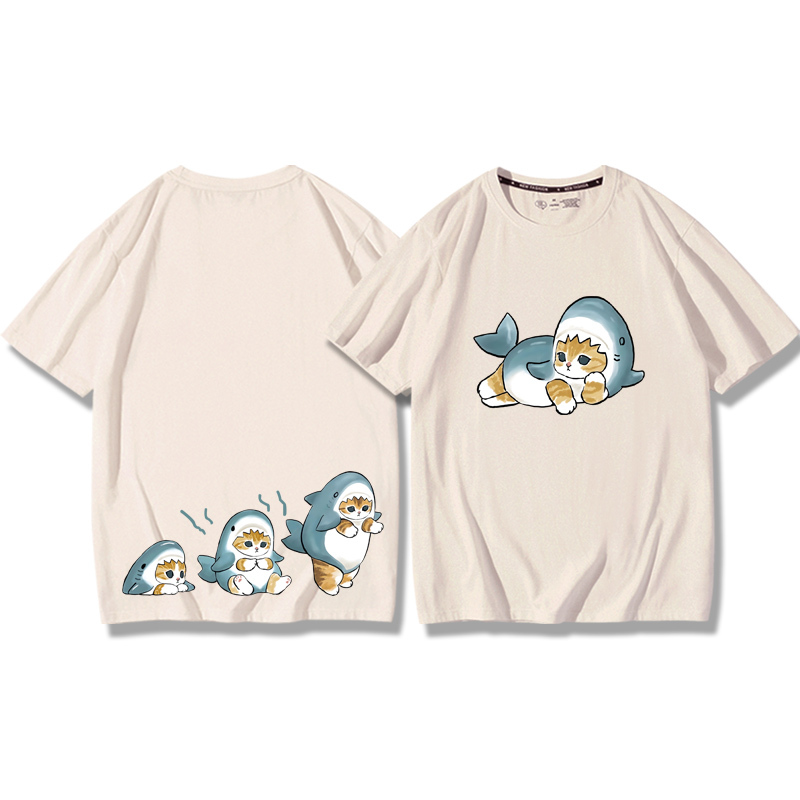 貓咪鯊魚呆萌可愛2024親子情侶男女同款 純棉T恤