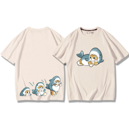 貓咪鯊魚呆萌可愛2024親子情侶男女同款 純棉T恤
