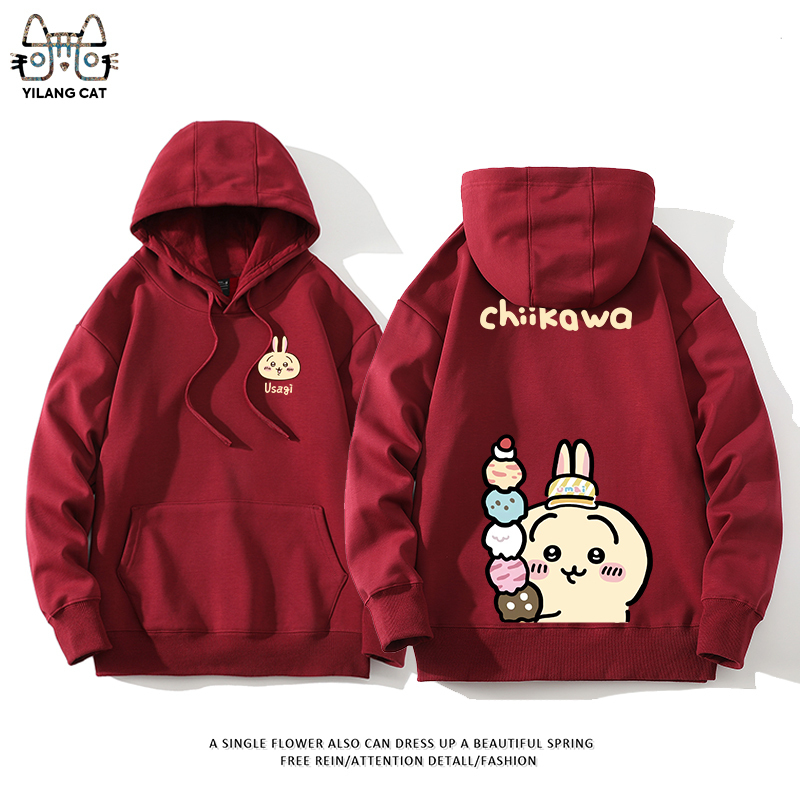 Chiikawa聯名衛衣2024秋冬新款親子情侶裝薄絨款連帽衛衣