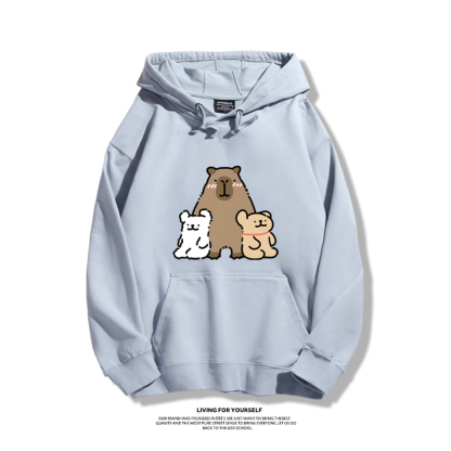 萌系卡皮巴拉x線條小狗2023秋冬新款親子情侶裝薄絨款連帽衛衣