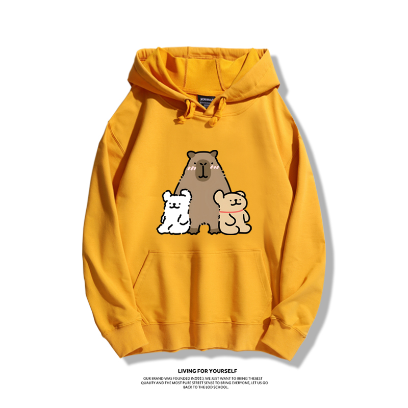 萌系卡皮巴拉x線條小狗2023秋冬新款親子情侶裝薄絨款連帽衛衣