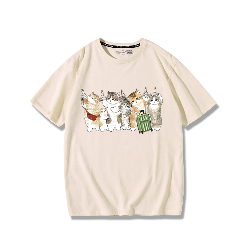 擠地鐵貓咪2024親子情侶男女同款 純棉T恤