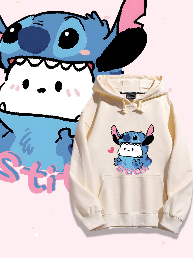 史迪仔聯名三麗鷗2023秋冬新款親子情侶裝薄絨款連帽衛衣