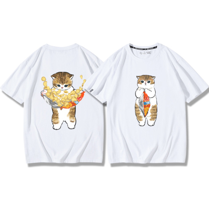 貓咪鯊魚呆萌可愛2024親子情侶男女同款 純棉T恤