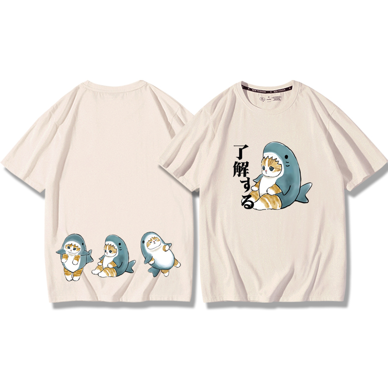 貓咪鯊魚呆萌可愛2024親子情侶男女同款 純棉T恤
