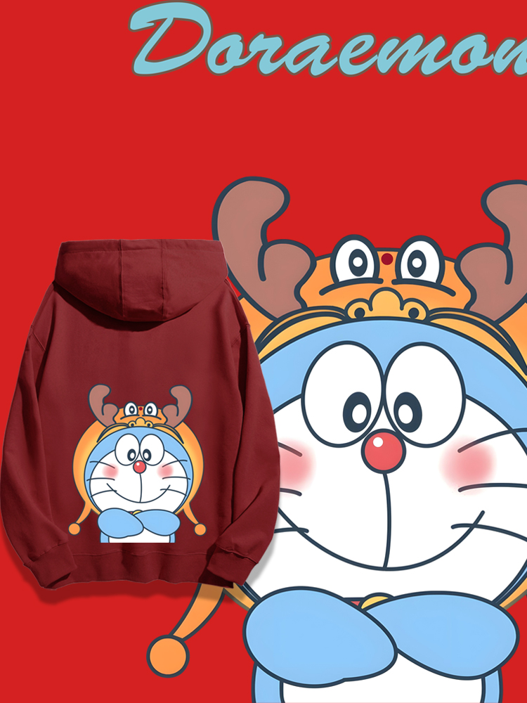 叮當貓聯名龍年衛衣2024秋冬新款親子情侶裝薄絨款連帽衛衣