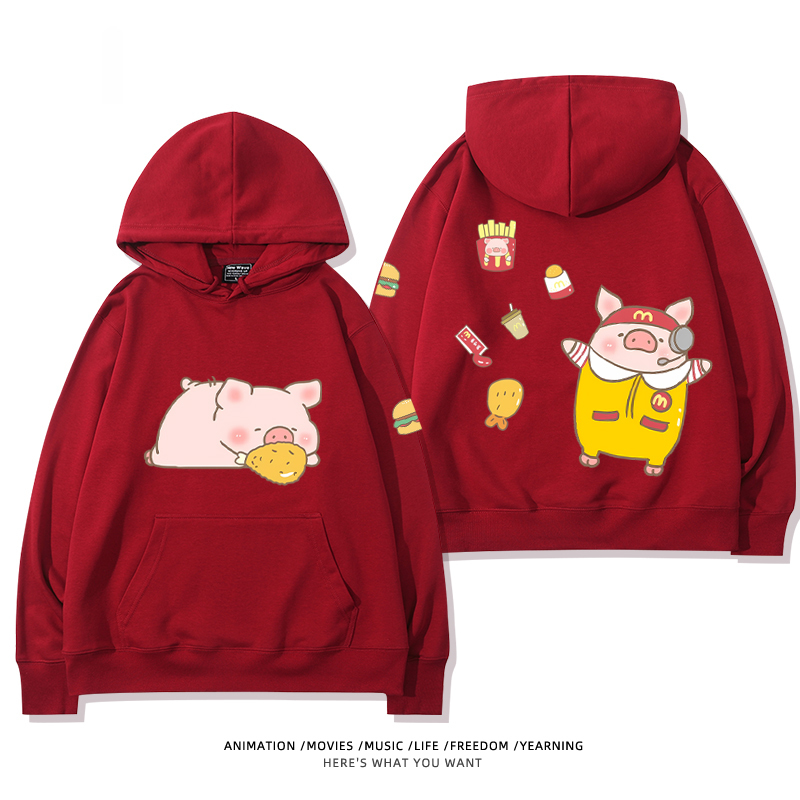 LULU豬 聯名衛衣2024秋冬新款親子情侶裝薄絨款連帽衛衣