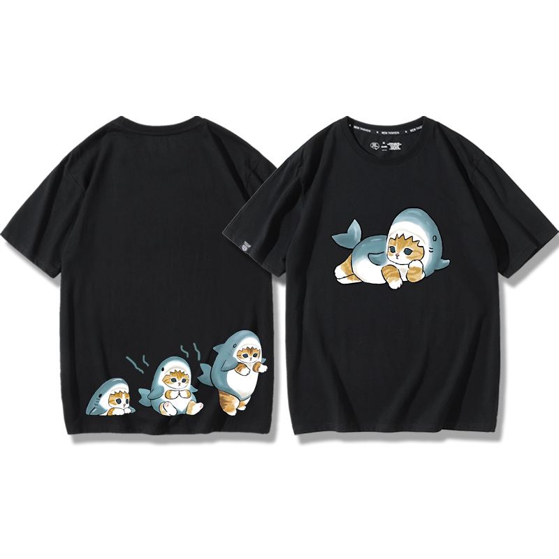貓咪鯊魚呆萌可愛2024親子情侶男女同款 純棉T恤