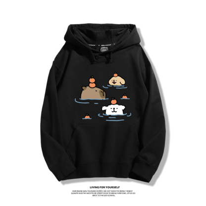 萌系卡皮巴拉x線條小狗2023秋冬新款親子情侶裝薄絨款連帽衛衣