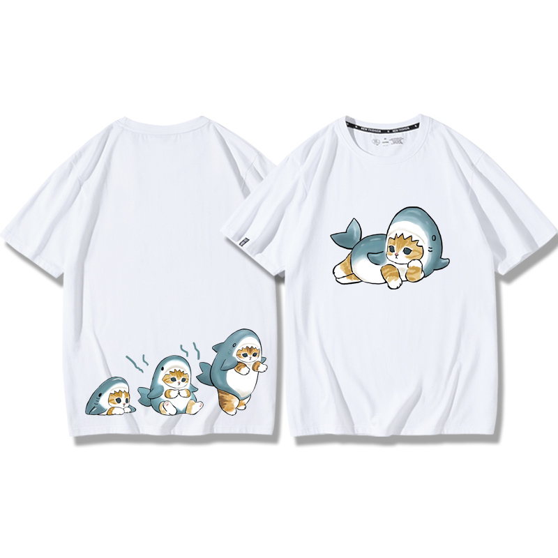 貓咪鯊魚呆萌可愛2024親子情侶男女同款 純棉T恤