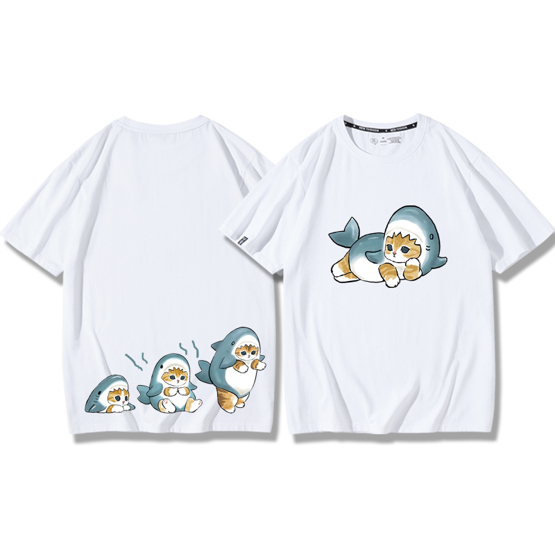 貓咪鯊魚呆萌可愛2024親子情侶男女同款 純棉T恤