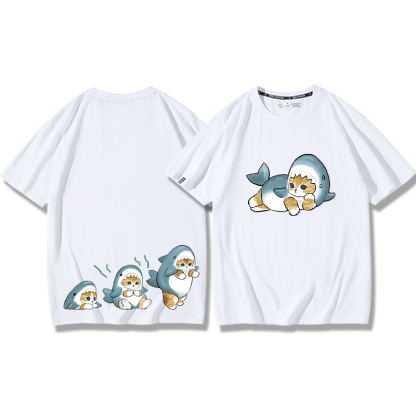 貓咪鯊魚呆萌可愛2024親子情侶男女同款 純棉T恤
