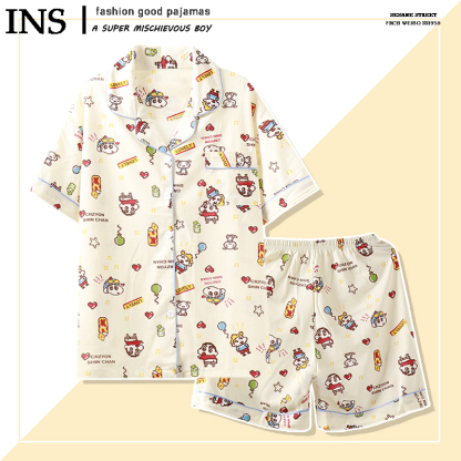 日系可愛小新睡衣女夏季短袖卡通純棉紗布情侶男士家居服棉紗