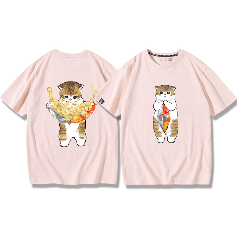 貓咪鯊魚呆萌可愛2024親子情侶男女同款 純棉T恤