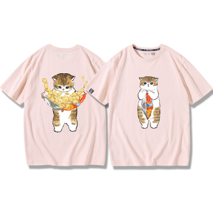 貓咪鯊魚呆萌可愛2024親子情侶男女同款 純棉T恤