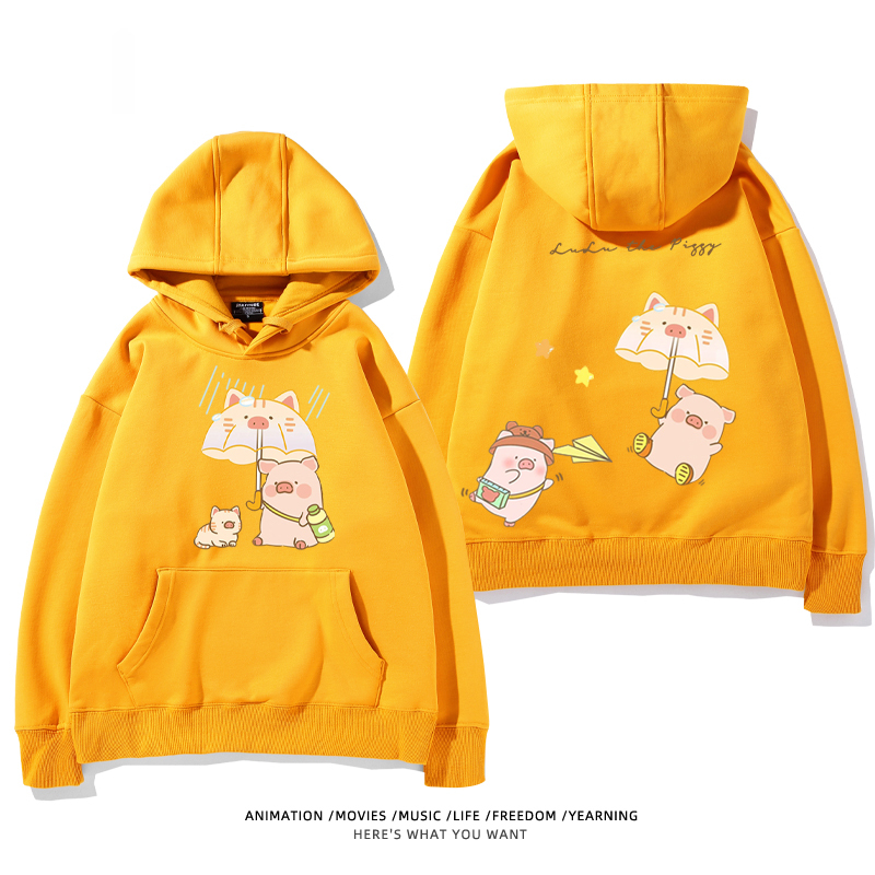 LULU豬 聯名衛衣2024秋冬新款親子情侶裝薄絨款連帽衛衣