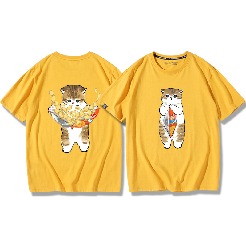 貓咪鯊魚呆萌可愛2024親子情侶男女同款 純棉T恤