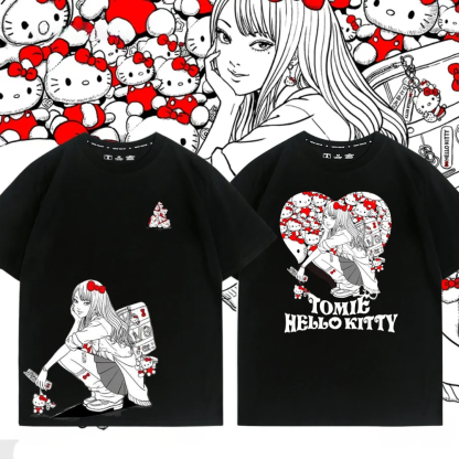 伊藤潤二X三麗鷗富江Hello kitty周邊 印花短袖T恤