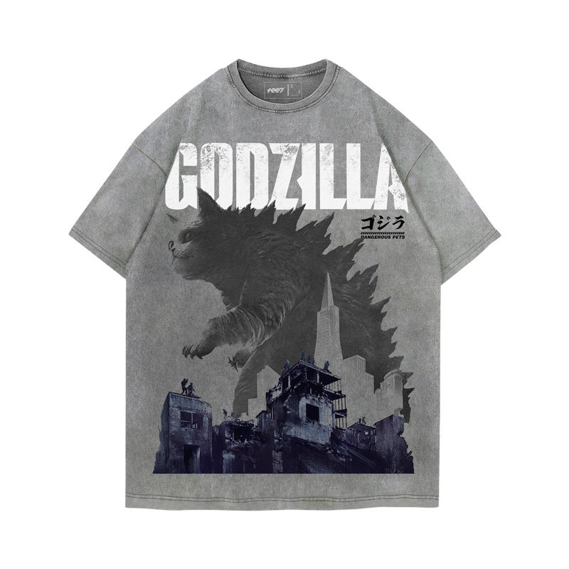 貓咪Godzilla水洗做舊  印花水洗短袖