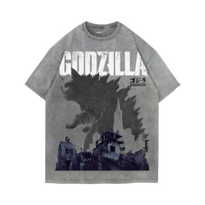 貓咪Godzilla水洗做舊  印花水洗短袖