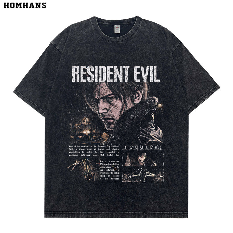 生化危機9安魂曲做舊水洗復古 2026親子情侶男女同款 印花短袖T恤