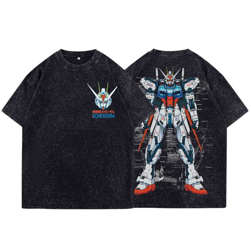 高達機械解剖圖水洗做舊 2026親子情侶男女同款 印花水洗短袖
