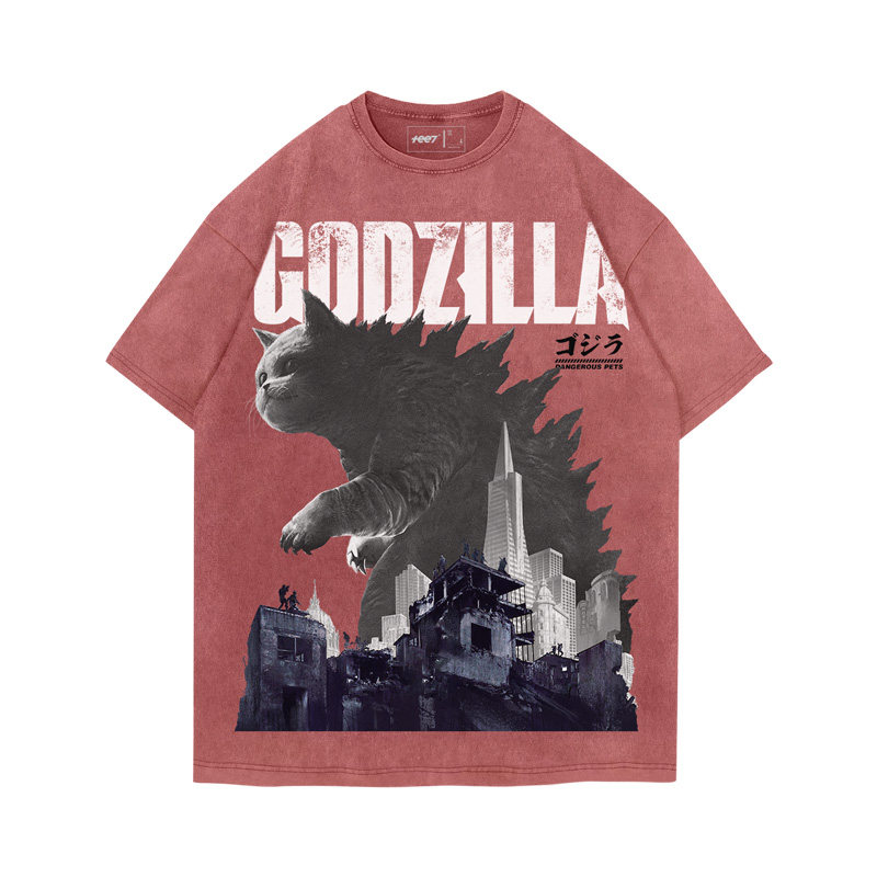 貓咪Godzilla水洗做舊  印花水洗短袖