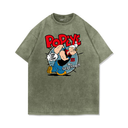 大力水手 Popeye水洗做舊  印花水洗短袖