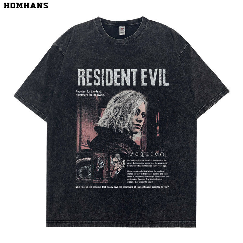 生化危機9安魂曲做舊水洗復古 2026親子情侶男女同款 印花短袖T恤
