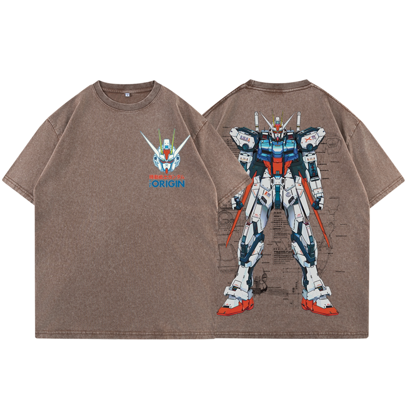 高達機械解剖圖水洗做舊 2026親子情侶男女同款 印花水洗短袖